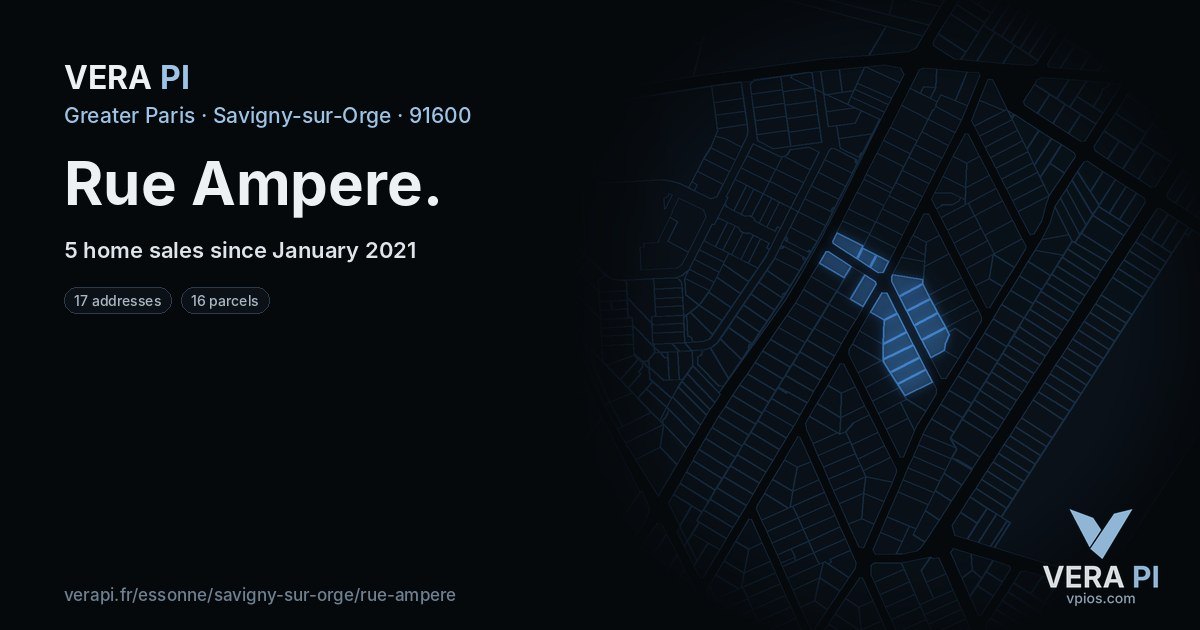 Rue Ampere, Savigny-sur-Orge at night – every parcel coloured by the prices around it, the street's own parcels lit