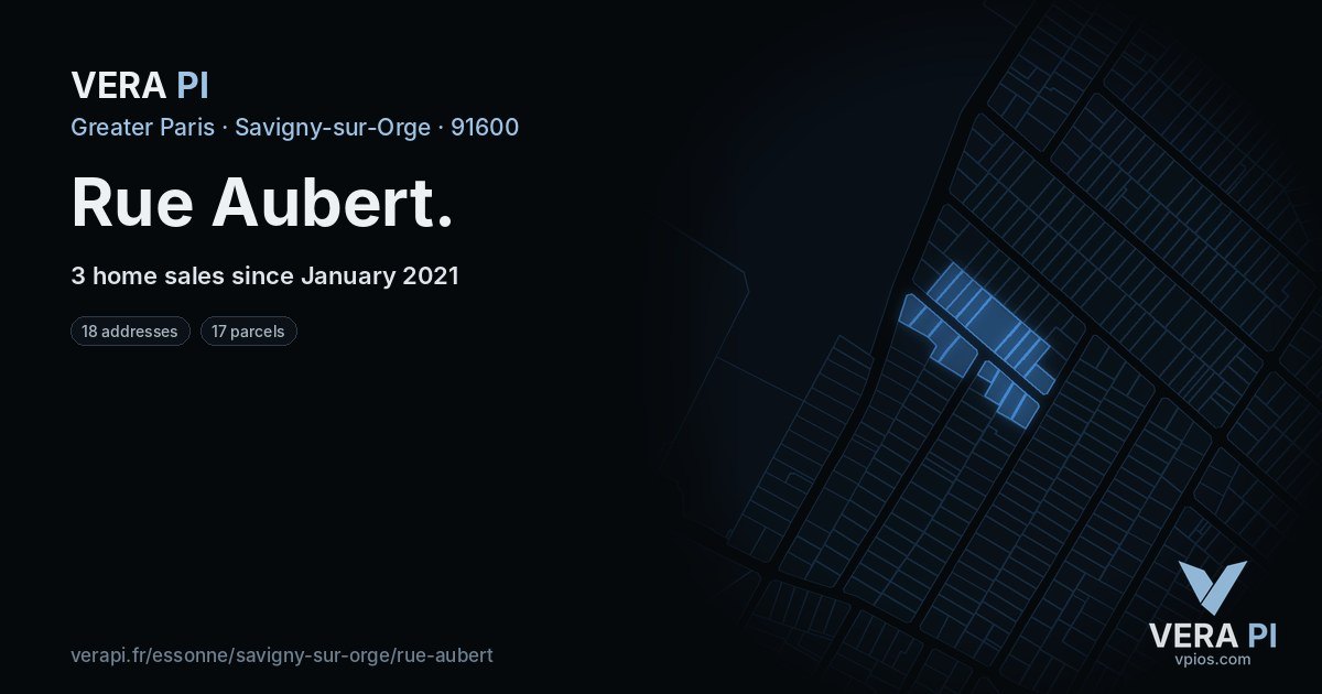 Rue Aubert, Savigny-sur-Orge at night – every parcel coloured by the prices around it, the street's own parcels lit