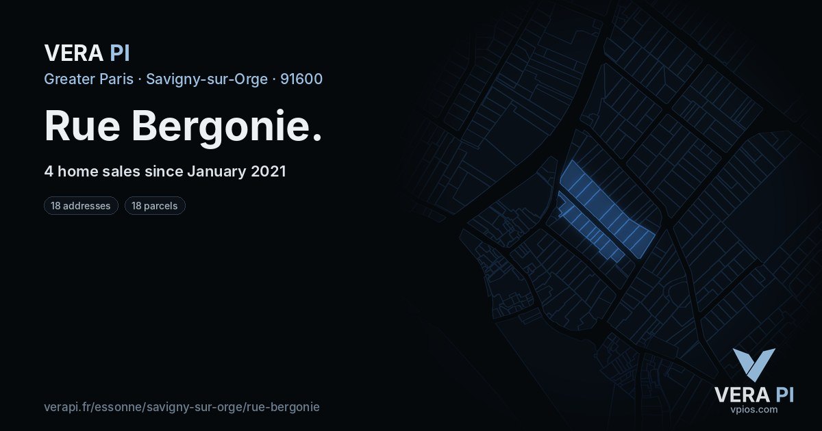 Rue Bergonie, Savigny-sur-Orge at night – every parcel coloured by the prices around it, the street's own parcels lit