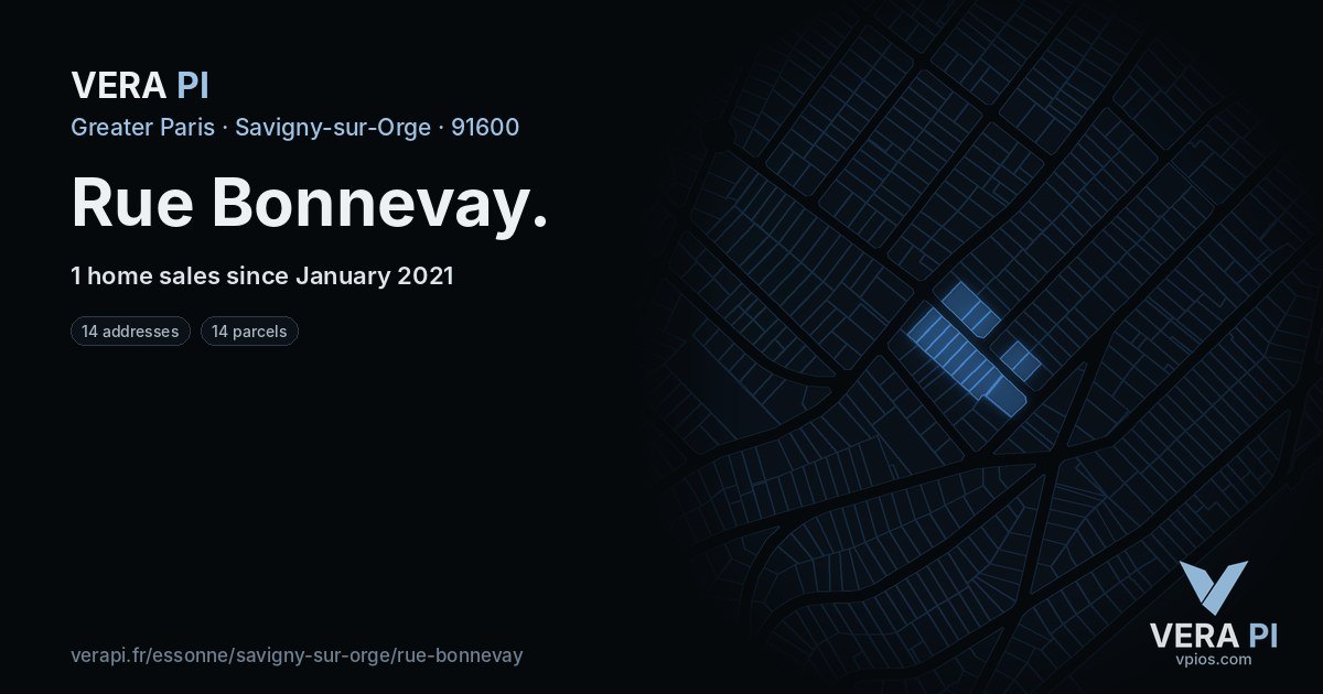 Rue Bonnevay, Savigny-sur-Orge at night – every parcel coloured by the prices around it, the street's own parcels lit
