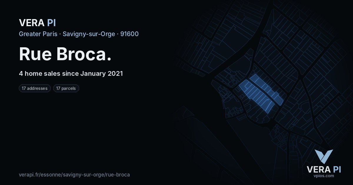 Rue Broca, Savigny-sur-Orge at night – every parcel coloured by the prices around it, the street's own parcels lit