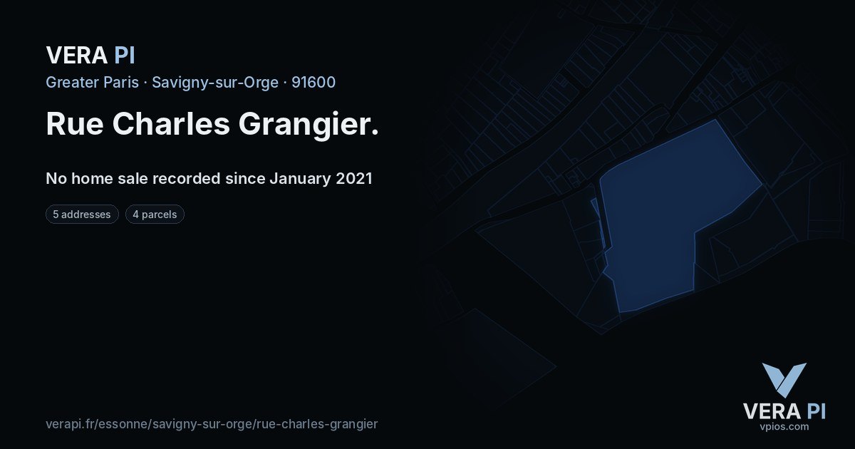 Rue Charles Grangier, Savigny-sur-Orge at night – every parcel coloured by the prices around it, the street's own parcels lit