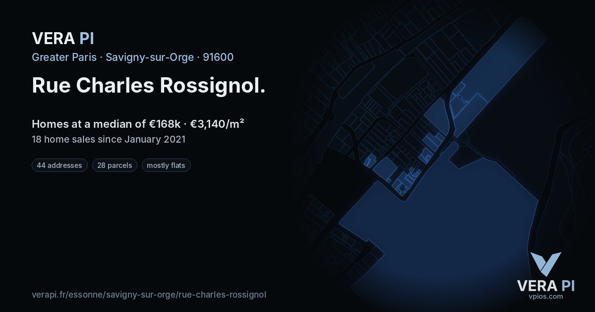 Rue Charles Rossignol, Savigny-sur-Orge at night – every parcel coloured by the prices around it, the street's own parcels lit