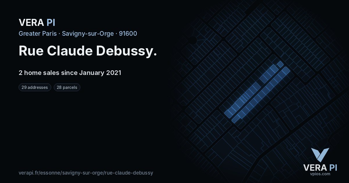 Rue Claude Debussy, Savigny-sur-Orge at night – every parcel coloured by the prices around it, the street's own parcels lit