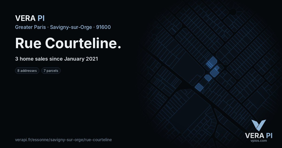 Rue Courteline, Savigny-sur-Orge at night – every parcel coloured by the prices around it, the street's own parcels lit
