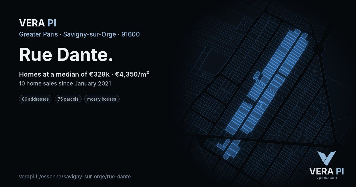 Rue Dante, Savigny-sur-Orge at night – every parcel coloured by the prices around it, the street's own parcels lit