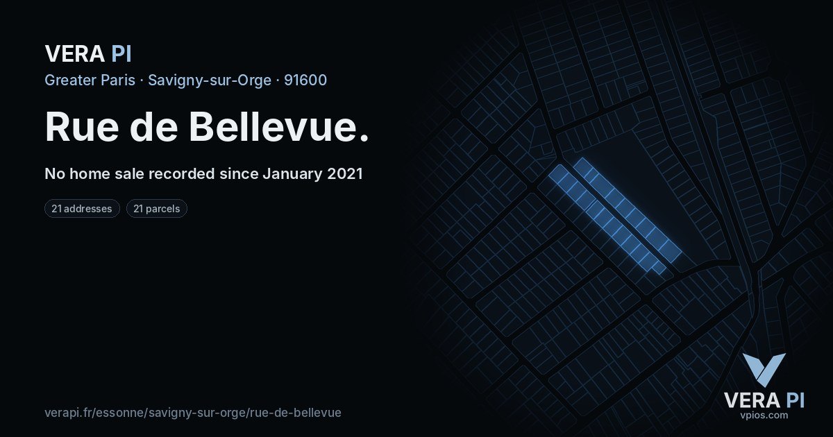 Rue de Bellevue, Savigny-sur-Orge at night – every parcel coloured by the prices around it, the street's own parcels lit