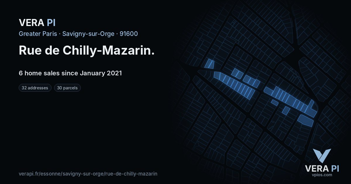 Rue de Chilly-Mazarin, Savigny-sur-Orge at night – every parcel coloured by the prices around it, the street's own parcels lit