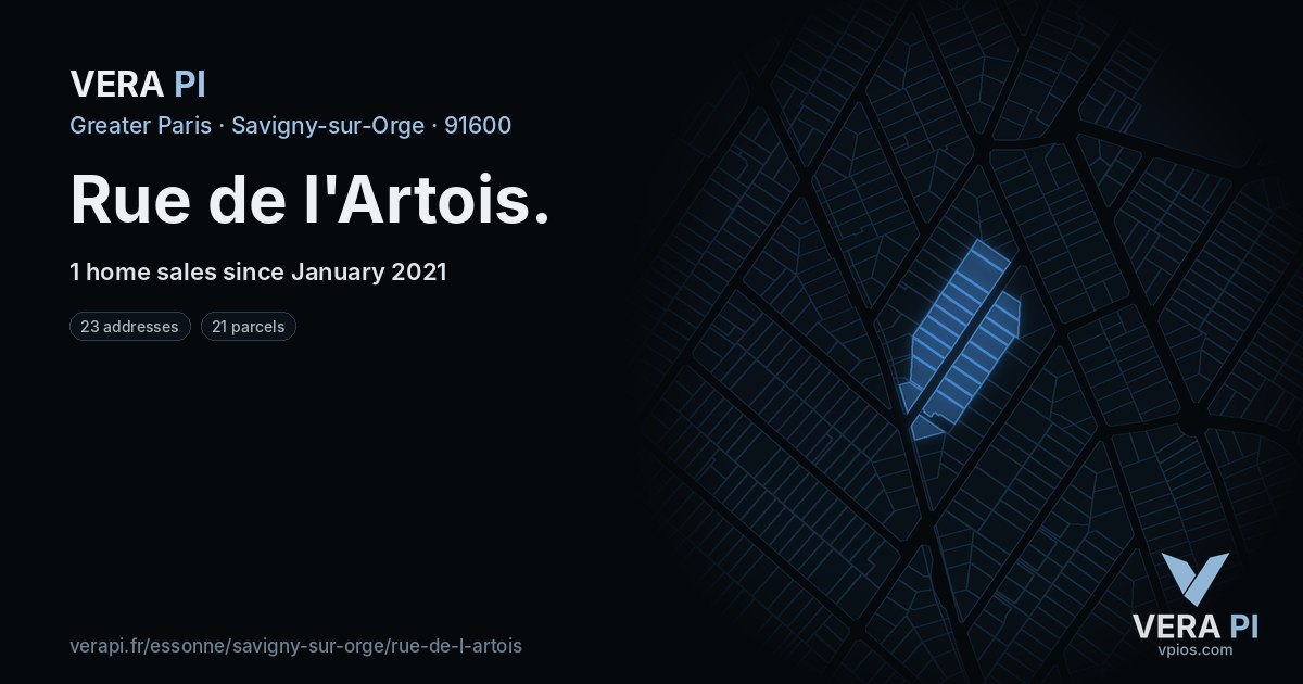 Rue de l'Artois, Savigny-sur-Orge at night – every parcel coloured by the prices around it, the street's own parcels lit