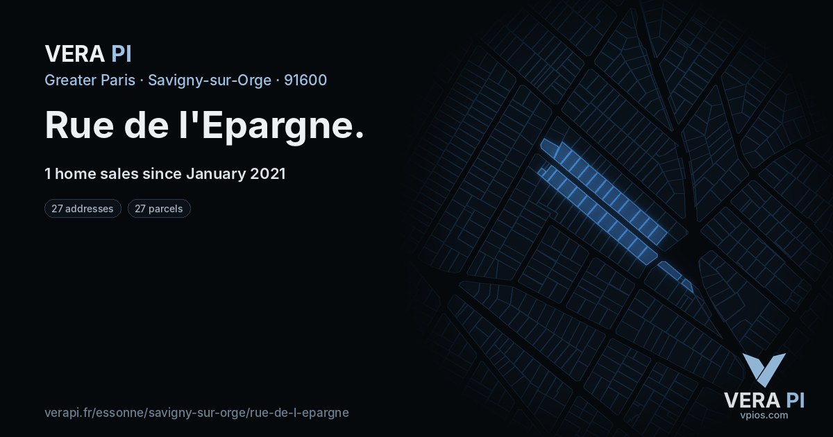 Rue de l'Epargne, Savigny-sur-Orge at night – every parcel coloured by the prices around it, the street's own parcels lit