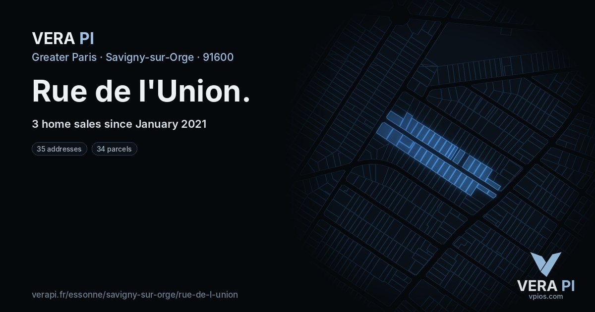 Rue de l'Union, Savigny-sur-Orge at night – every parcel coloured by the prices around it, the street's own parcels lit