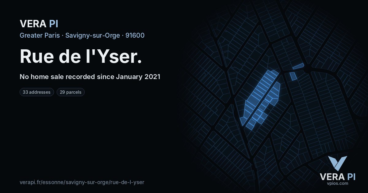 Rue de l'Yser, Savigny-sur-Orge at night – every parcel coloured by the prices around it, the street's own parcels lit
