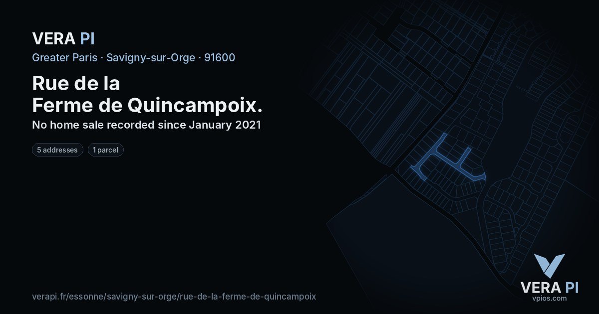 Rue de la Ferme de Quincampoix, Savigny-sur-Orge at night – every parcel coloured by the prices around it, the street's own parcels lit