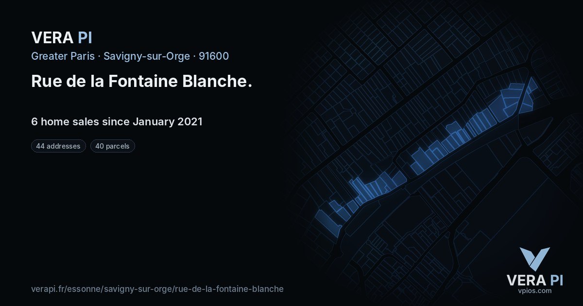 Rue de la Fontaine Blanche, Savigny-sur-Orge at night – every parcel coloured by the prices around it, the street's own parcels lit