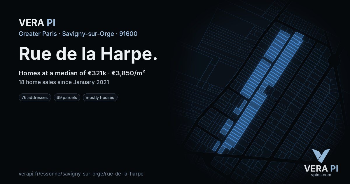 Rue de la Harpe, Savigny-sur-Orge at night – every parcel coloured by the prices around it, the street's own parcels lit