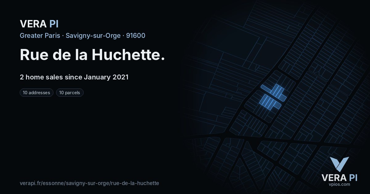 Rue de la Huchette, Savigny-sur-Orge at night – every parcel coloured by the prices around it, the street's own parcels lit