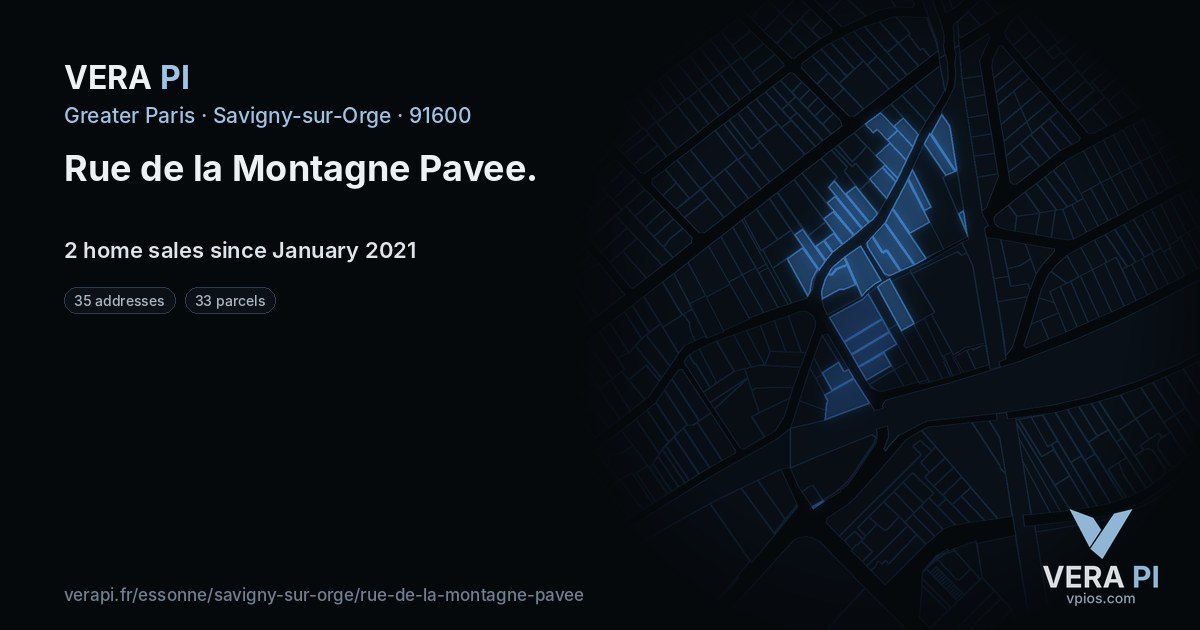 Rue de la Montagne Pavee, Savigny-sur-Orge at night – every parcel coloured by the prices around it, the street's own parcels lit