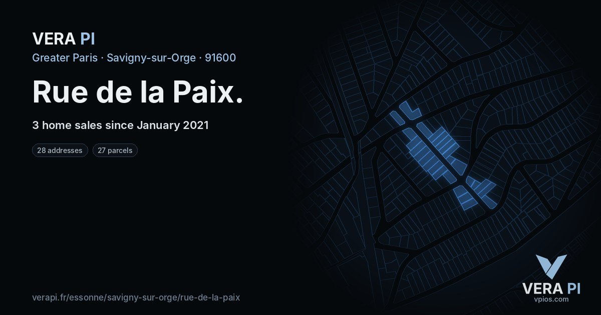 Rue de la Paix, Savigny-sur-Orge at night – every parcel coloured by the prices around it, the street's own parcels lit