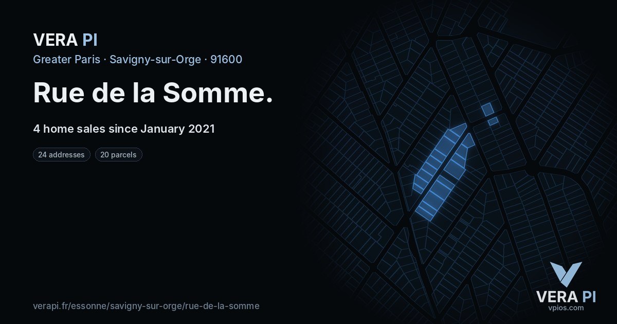 Rue de la Somme, Savigny-sur-Orge at night – every parcel coloured by the prices around it, the street's own parcels lit