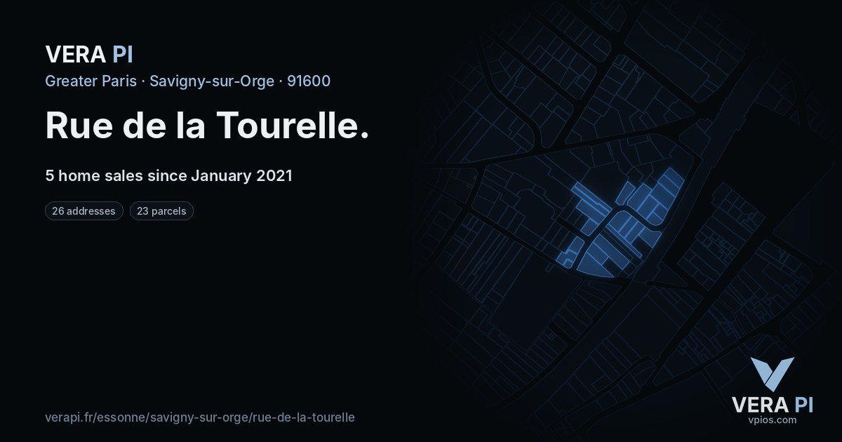Rue de la Tourelle, Savigny-sur-Orge at night – every parcel coloured by the prices around it, the street's own parcels lit