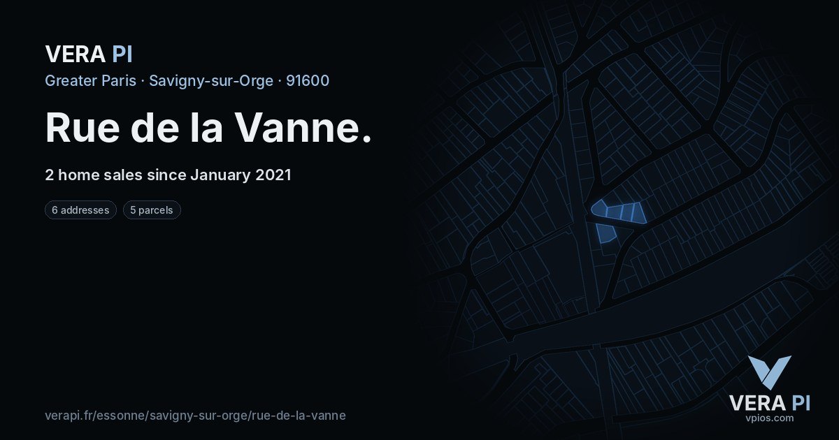 Rue de la Vanne, Savigny-sur-Orge at night – every parcel coloured by the prices around it, the street's own parcels lit