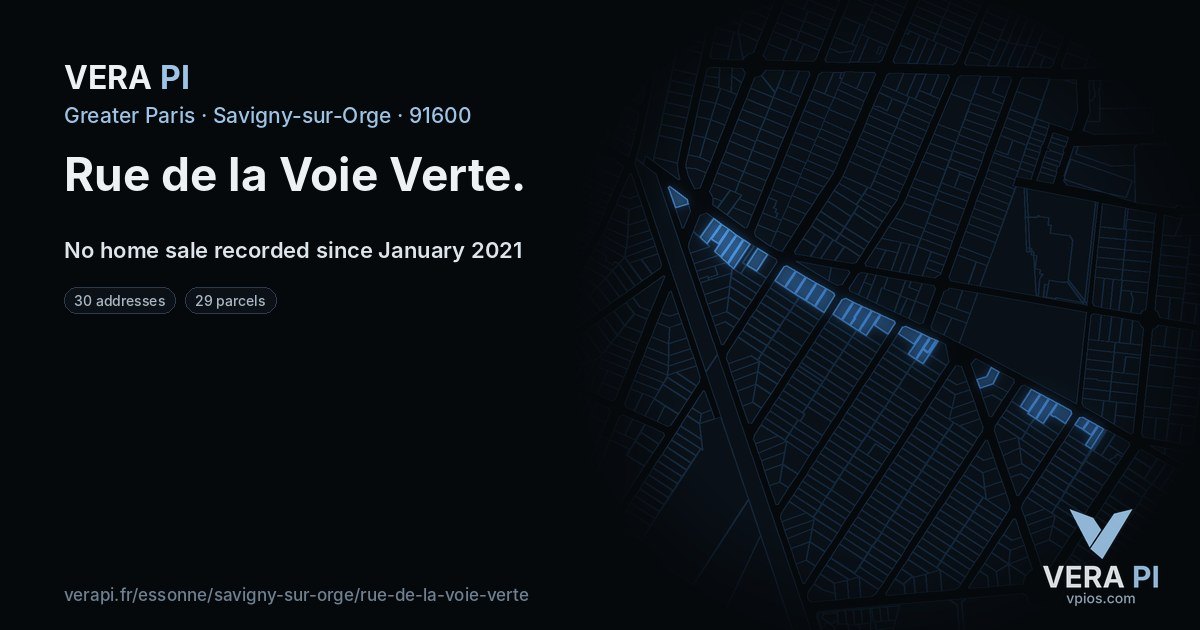 Rue de la Voie Verte, Savigny-sur-Orge at night – every parcel coloured by the prices around it, the street's own parcels lit