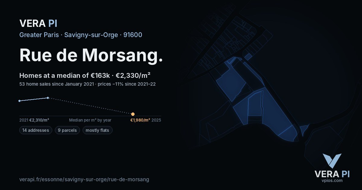 Rue de Morsang, Savigny-sur-Orge at night – every parcel coloured by the prices around it, the street's own parcels lit