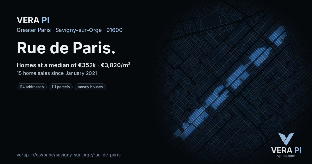 Rue de Paris, Savigny-sur-Orge at night – every parcel coloured by the prices around it, the street's own parcels lit