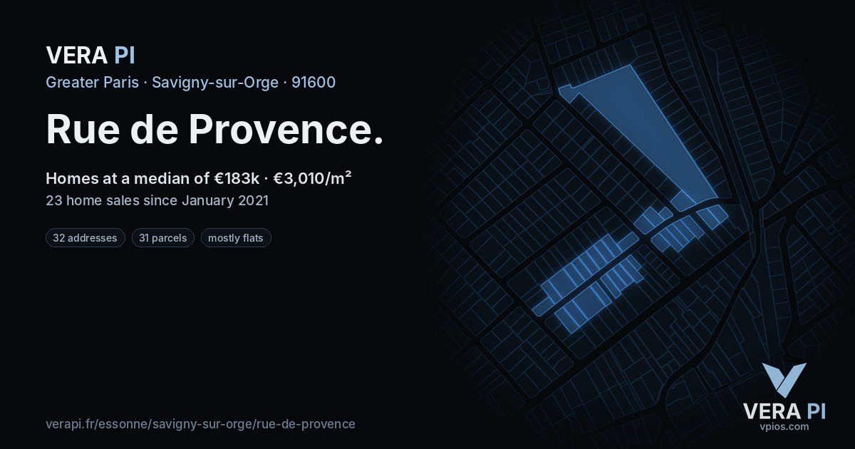 Rue de Provence, Savigny-sur-Orge at night – every parcel coloured by the prices around it, the street's own parcels lit
