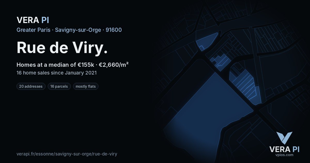 Rue de Viry, Savigny-sur-Orge at night – every parcel coloured by the prices around it, the street's own parcels lit