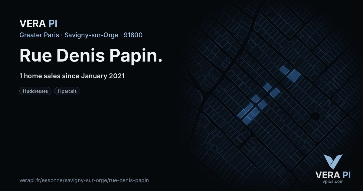 Rue Denis Papin, Savigny-sur-Orge at night – every parcel coloured by the prices around it, the street's own parcels lit