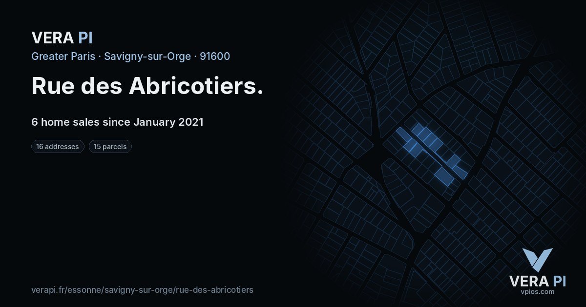 Rue des Abricotiers, Savigny-sur-Orge at night – every parcel coloured by the prices around it, the street's own parcels lit