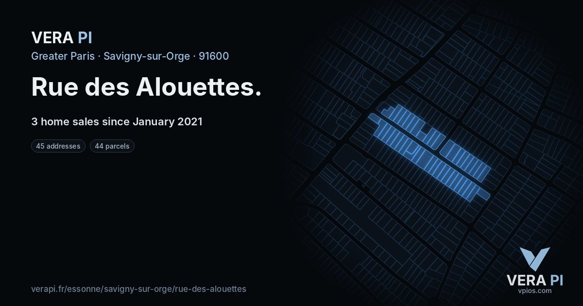 Rue des Alouettes, Savigny-sur-Orge at night – every parcel coloured by the prices around it, the street's own parcels lit