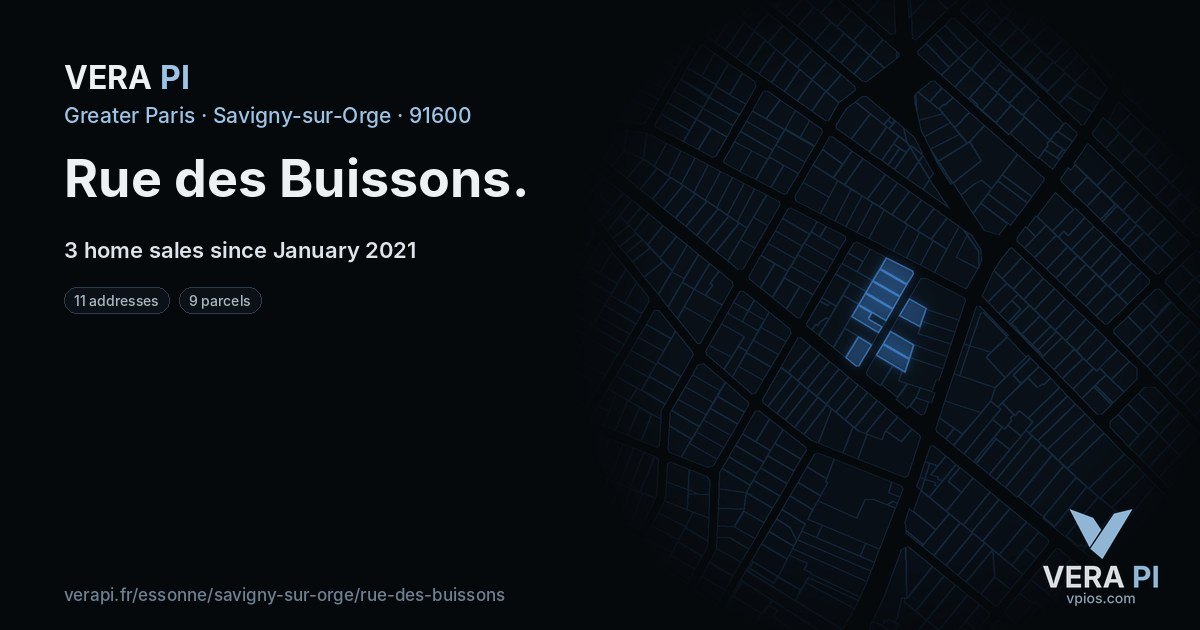 Rue des Buissons, Savigny-sur-Orge at night – every parcel coloured by the prices around it, the street's own parcels lit