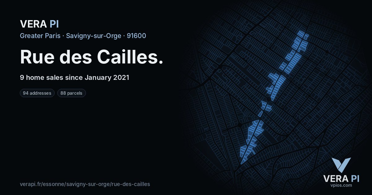 Rue des Cailles, Savigny-sur-Orge at night – every parcel coloured by the prices around it, the street's own parcels lit