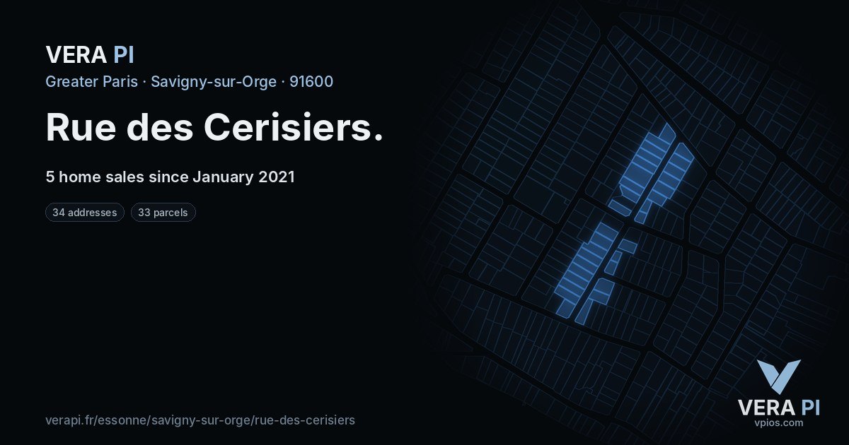Rue des Cerisiers, Savigny-sur-Orge at night – every parcel coloured by the prices around it, the street's own parcels lit