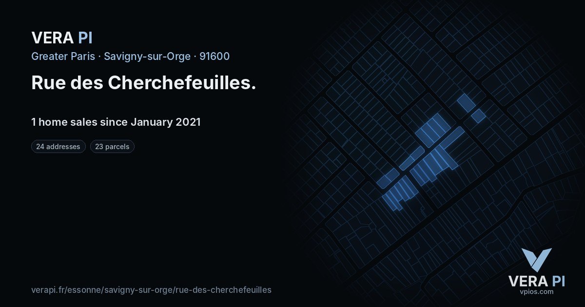 Rue des Cherchefeuilles, Savigny-sur-Orge at night – every parcel coloured by the prices around it, the street's own parcels lit