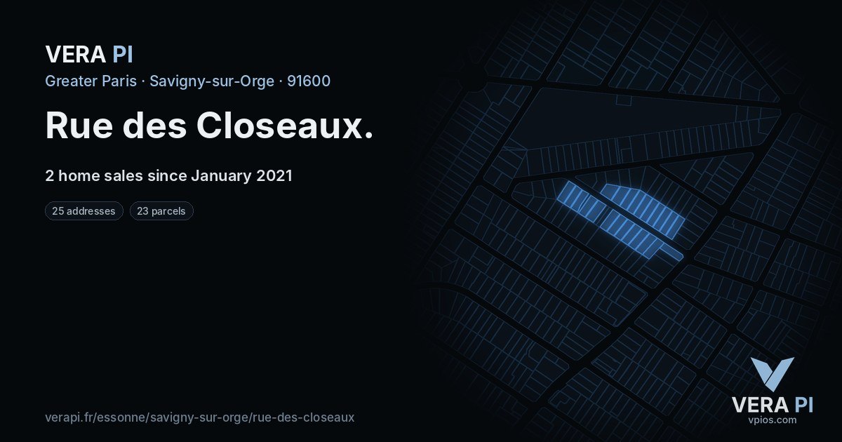 Rue des Closeaux, Savigny-sur-Orge at night – every parcel coloured by the prices around it, the street's own parcels lit