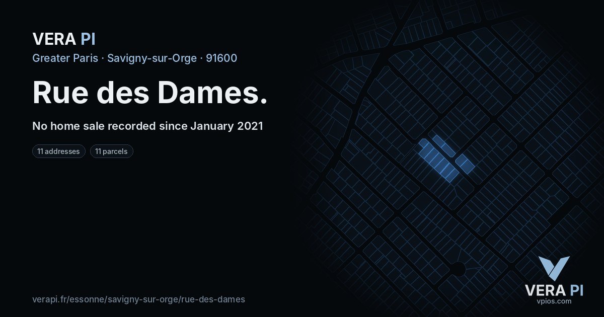 Rue des Dames, Savigny-sur-Orge at night – every parcel coloured by the prices around it, the street's own parcels lit