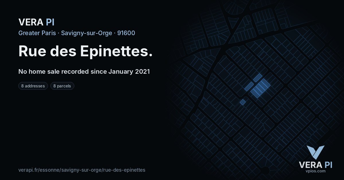 Rue des Epinettes, Savigny-sur-Orge at night – every parcel coloured by the prices around it, the street's own parcels lit
