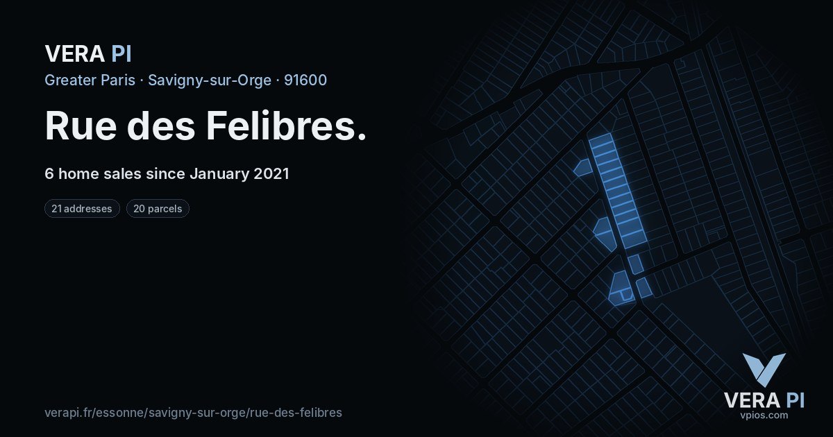 Rue des Felibres, Savigny-sur-Orge at night – every parcel coloured by the prices around it, the street's own parcels lit
