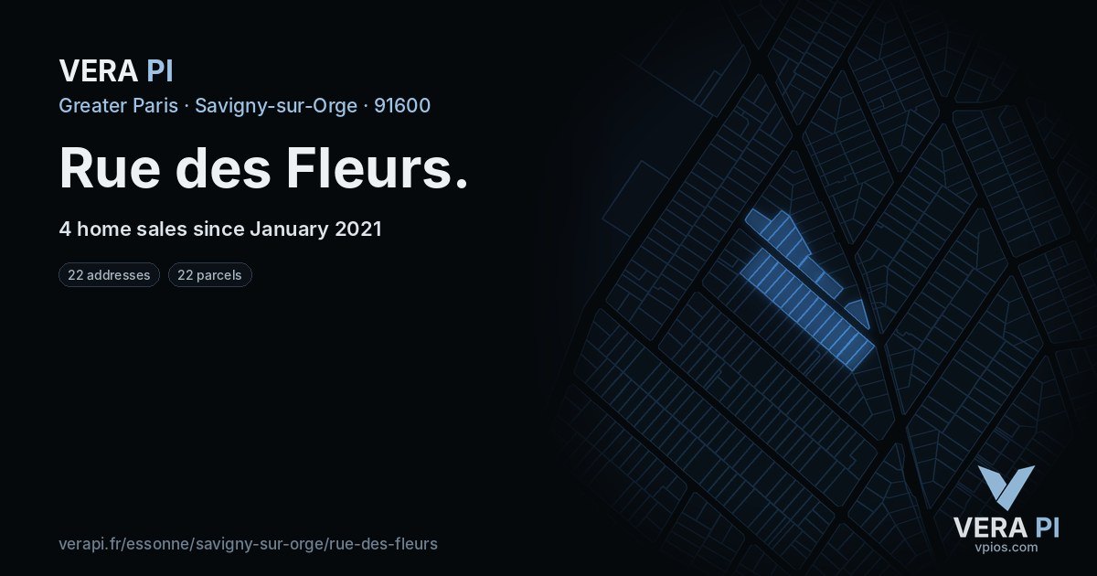 Rue des Fleurs, Savigny-sur-Orge at night – every parcel coloured by the prices around it, the street's own parcels lit
