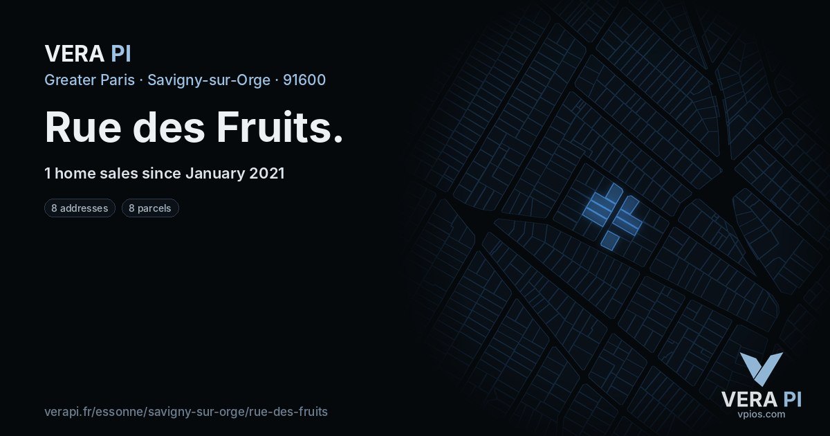Rue des Fruits, Savigny-sur-Orge at night – every parcel coloured by the prices around it, the street's own parcels lit