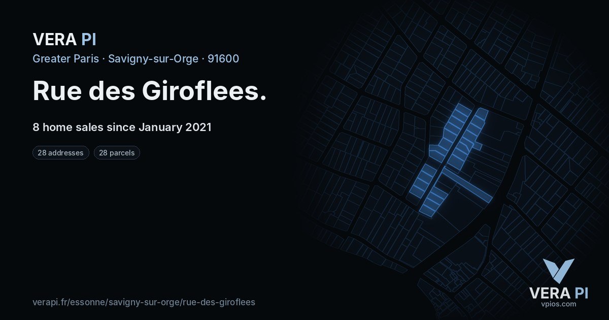 Rue des Giroflees, Savigny-sur-Orge at night – every parcel coloured by the prices around it, the street's own parcels lit