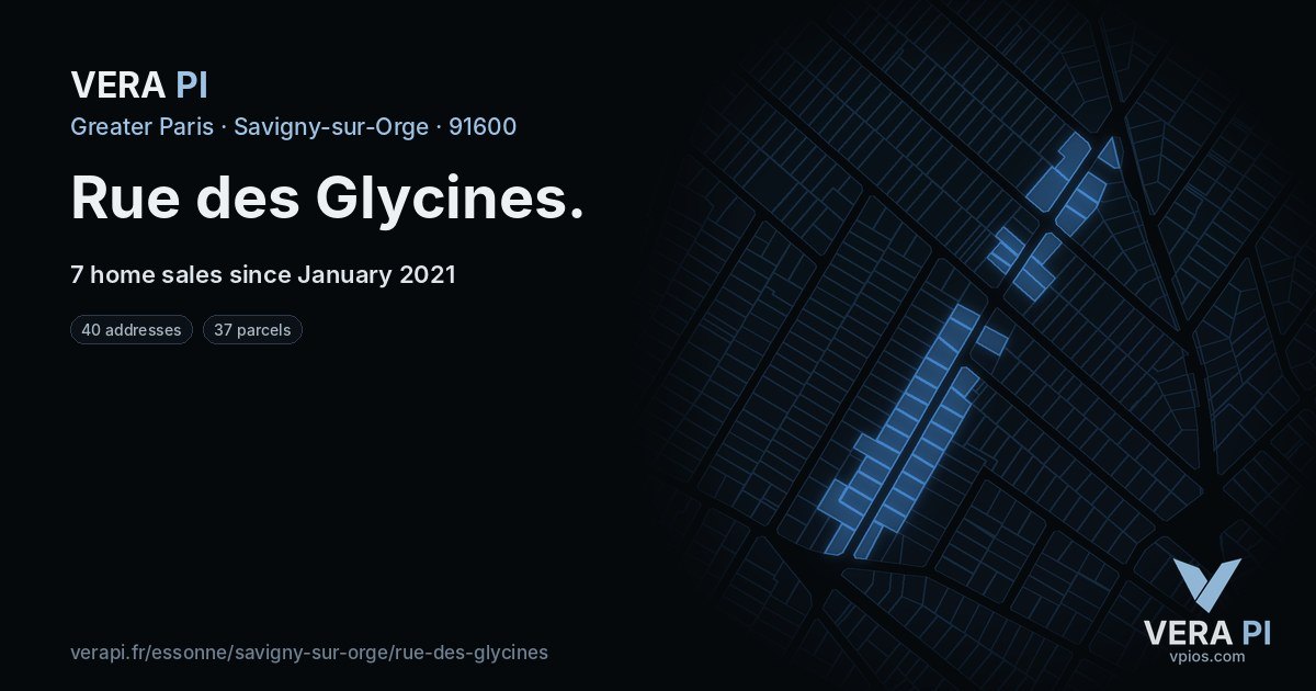 Rue des Glycines, Savigny-sur-Orge at night – every parcel coloured by the prices around it, the street's own parcels lit