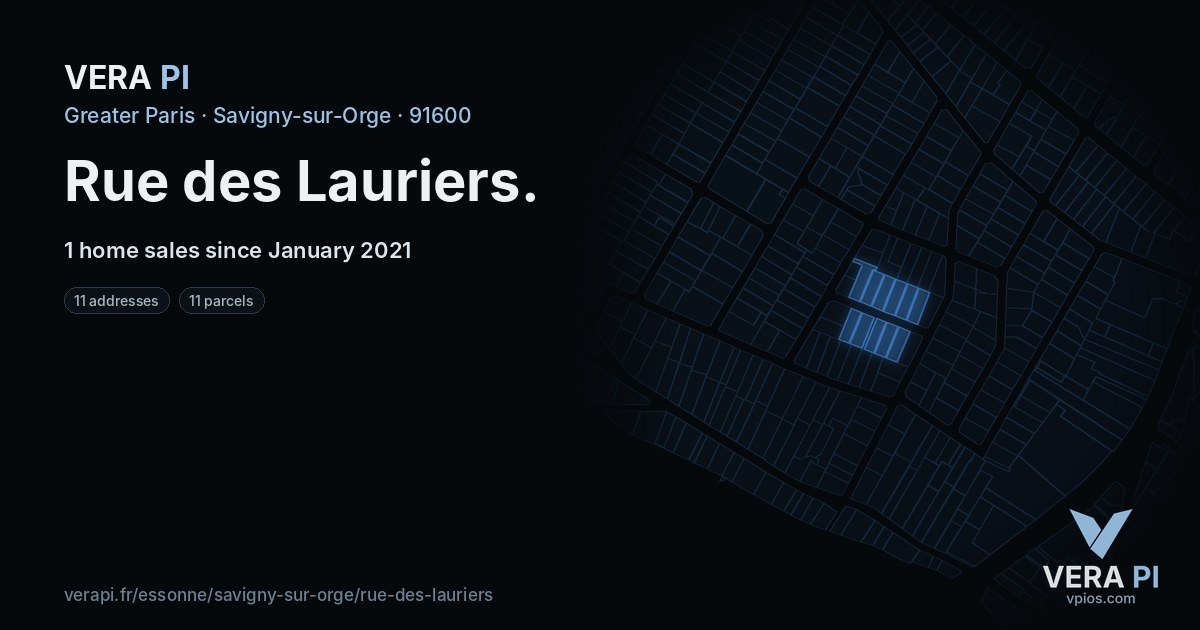 Rue des Lauriers, Savigny-sur-Orge at night – every parcel coloured by the prices around it, the street's own parcels lit