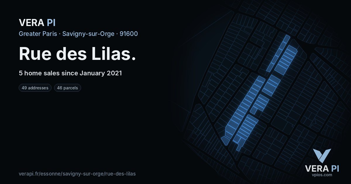 Rue des Lilas, Savigny-sur-Orge at night – every parcel coloured by the prices around it, the street's own parcels lit