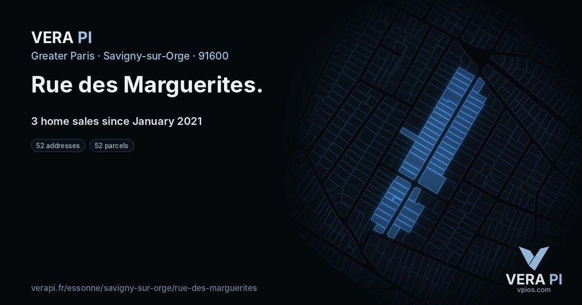Rue des Marguerites, Savigny-sur-Orge at night – every parcel coloured by the prices around it, the street's own parcels lit