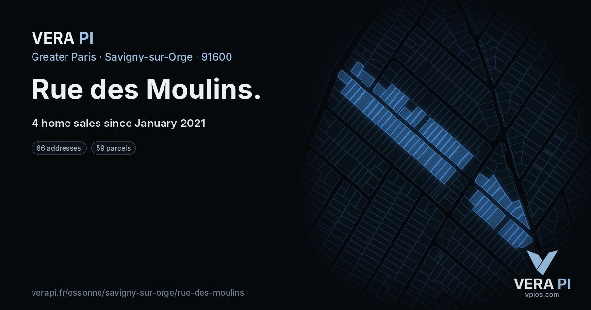 Rue des Moulins, Savigny-sur-Orge at night – every parcel coloured by the prices around it, the street's own parcels lit