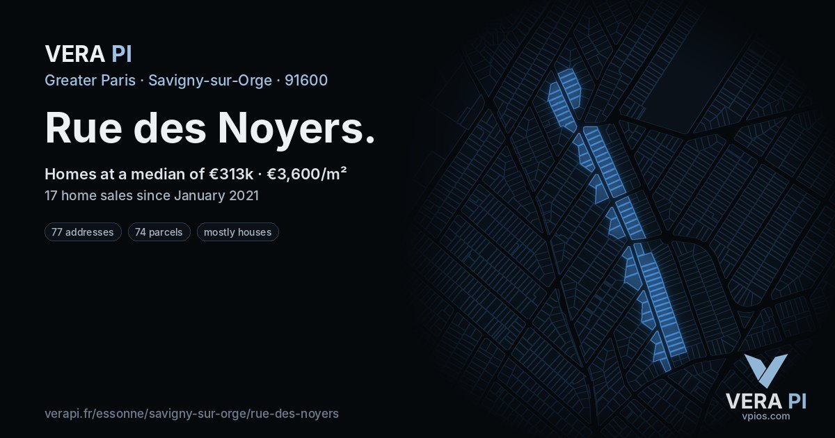 Rue des Noyers, Savigny-sur-Orge at night – every parcel coloured by the prices around it, the street's own parcels lit